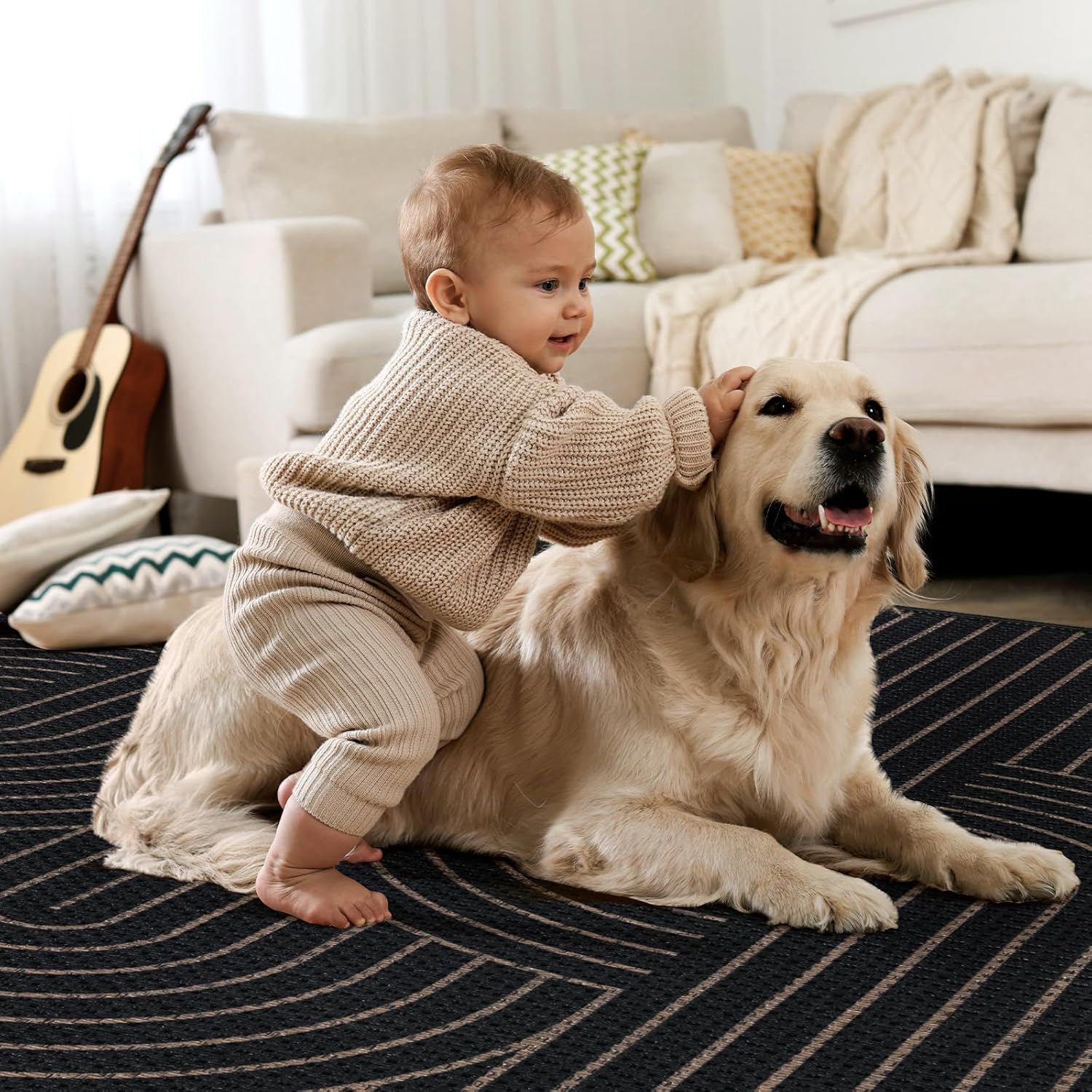 Tangsoo Modern Easy Jute Rug 8x10 Washable Area Rugs for Living Room,Black Non Slip Indoor Outdoor Carpet,Farmhouse Large Throw Mat for Balcony Backyard Dining Room Home Office Decor(Gently used condition)